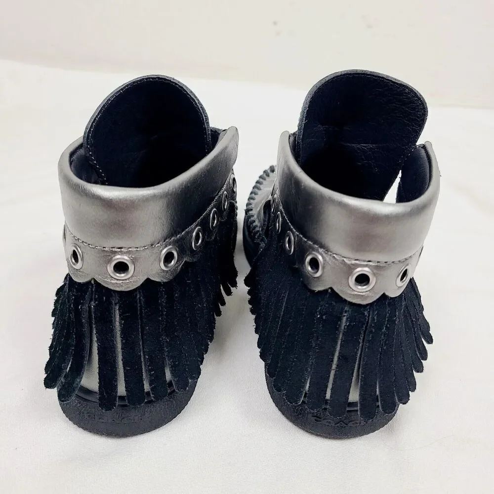 Coach Roccasin Cut Out Sneakers 5 Black Metallic Silver Studded‎ Fringe Booties